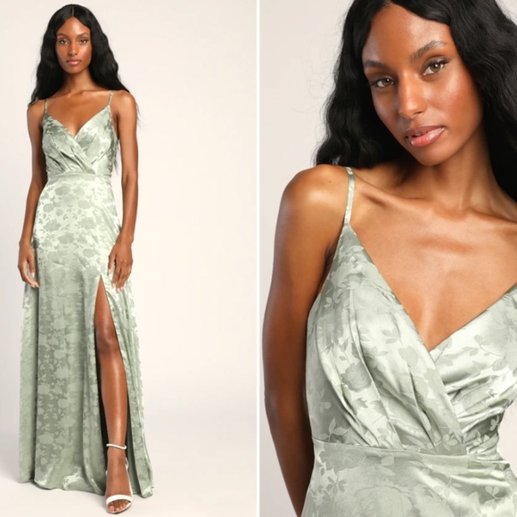 LULU's Sexy Elegant Prom Wedding Flowy Elegant Mint Green Satin Floral Maxi - Picture 1 of 6